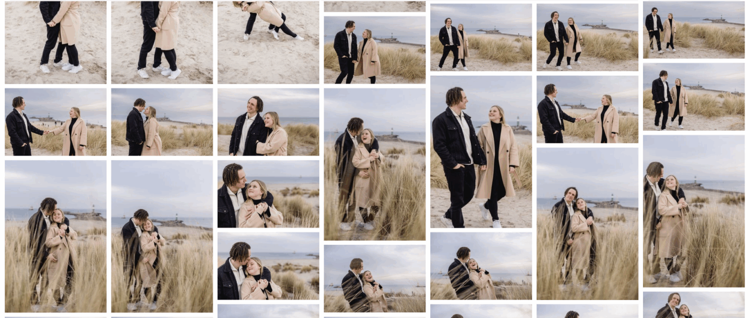 Ansicht der passwortgeschützten Online-Galerie mit vielen hochauflösenden Fotos eines Paares am Meer